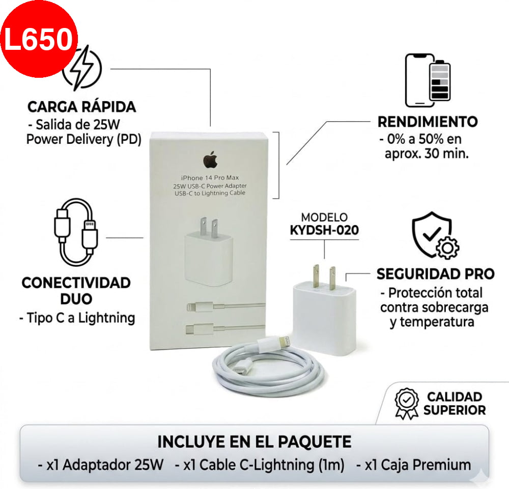 Cargador Rápido 25W para iPhone (USB-C a Lightning)