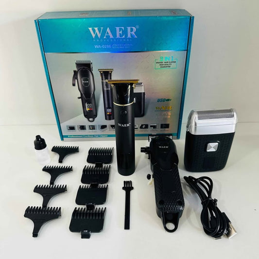 KIT DE RASURADORAS PROFESIONALES WAER 3 EN 1 (Clipper + Trimmer + Shaver)