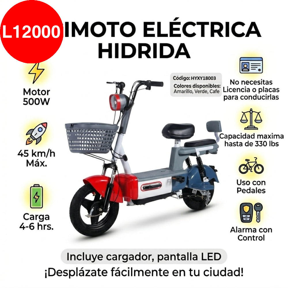 BICIMOTO ELÉCTRICA HÍBRIDA CON MOTOR DE 500W - Azul y Rojo