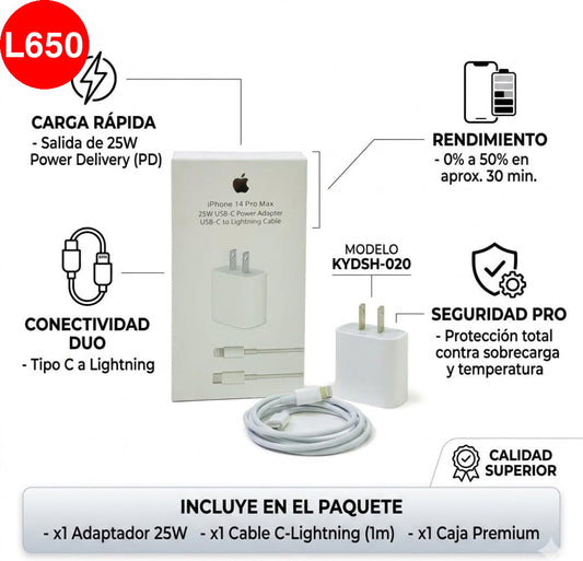 Cargador Rápido 25W para iPhone (USB-C a Lightning)