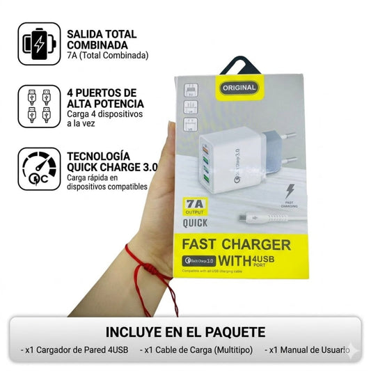Cargador Rápido de Pared 4 Puertos USB (7A QC 3.0)