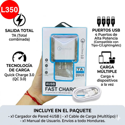 Cargador Rápido de Pared 4 Puertos USB (7A QC 3.0)