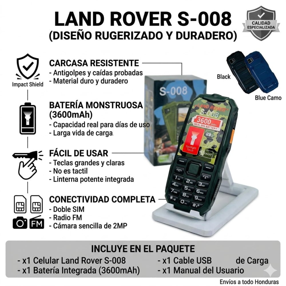 CELULAR ANTIGOLPES LAND ROVER S-008 Doble SIM (PARA ADULTOS MAYORES) - VERDE