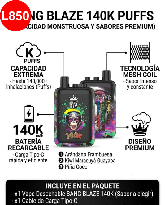 CIGARRO ELECTRONICO DESECHABLE BANG BLAZE DE 140,000 PUFF
