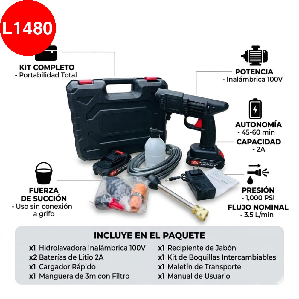 KIT COMPLETO DE HIDROLAVADORA INALAMBRICA (100V / 1000psi)