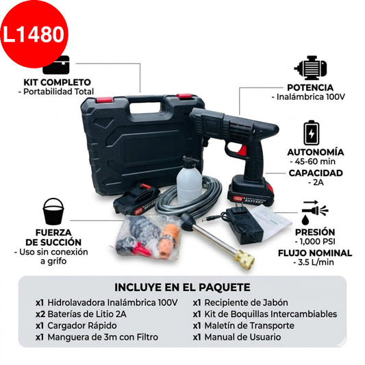 KIT COMPLETO DE HIDROLAVADORA INALAMBRICA (100V / 1000psi)