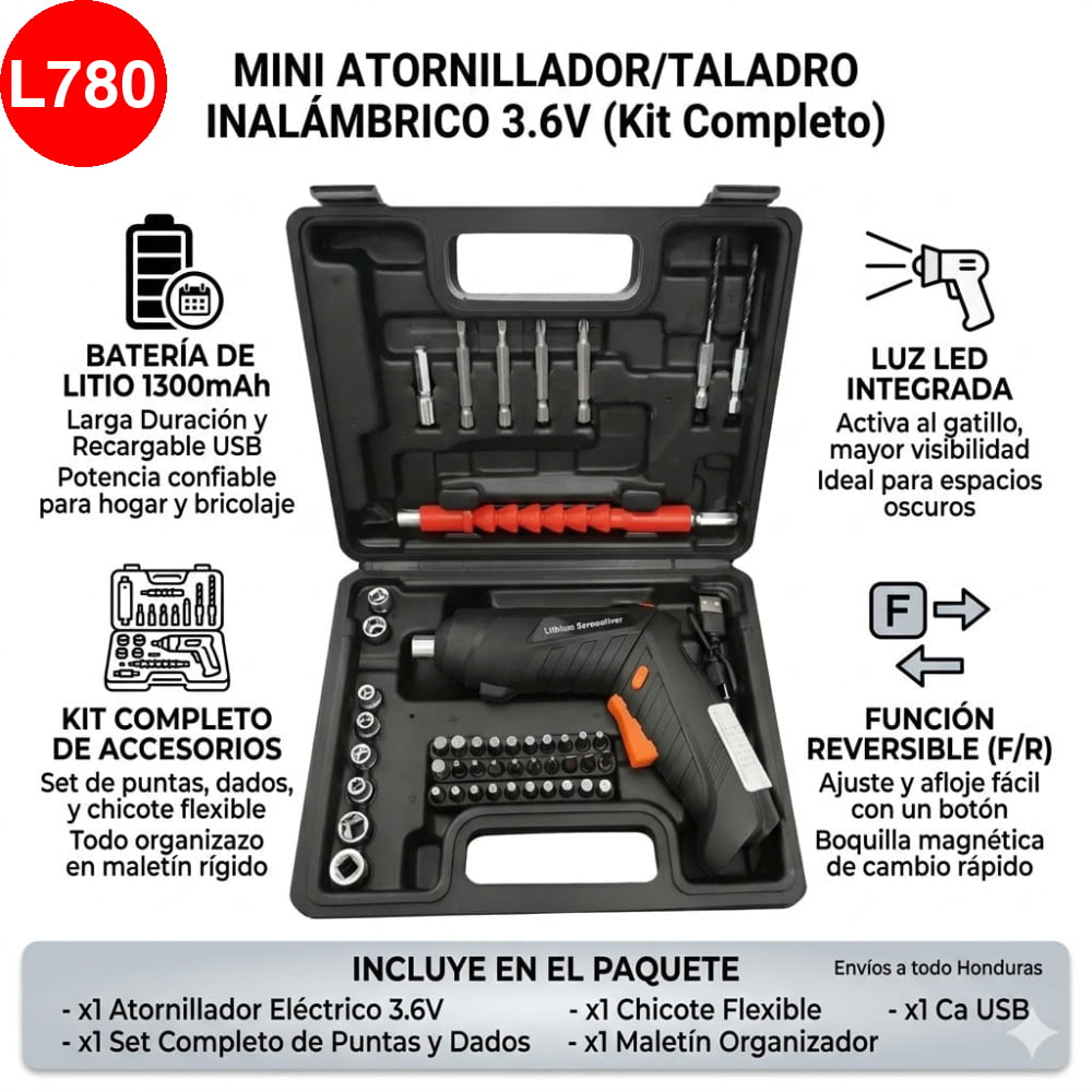 KIT DE MINI ATORNILLADOR RECARGABLE INALAMBRICO DE 3.6V