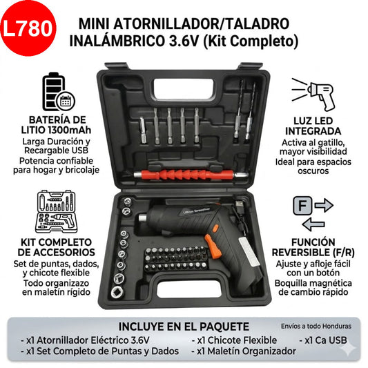 KIT DE MINI ATORNILLADOR RECARGABLE INALAMBRICO DE 3.6V