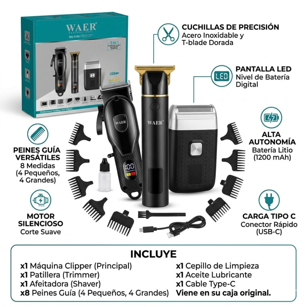 KIT DE RASURADORAS PROFESIONALES WAER 3 EN 1 (Clipper + Trimmer + Shaver)