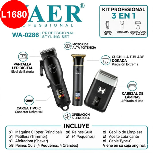 KIT DE RASURADORAS PROFESIONALES WAER 3 EN 1 (Clipper + Trimmer + Shaver)