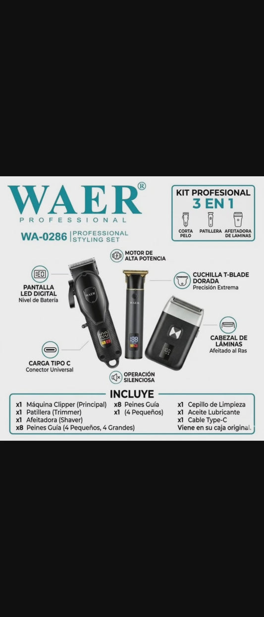 KIT DE RASURADORAS PROFESIONALES WAER 3 EN 1  (Clipper + Trimmer + Shaver)
