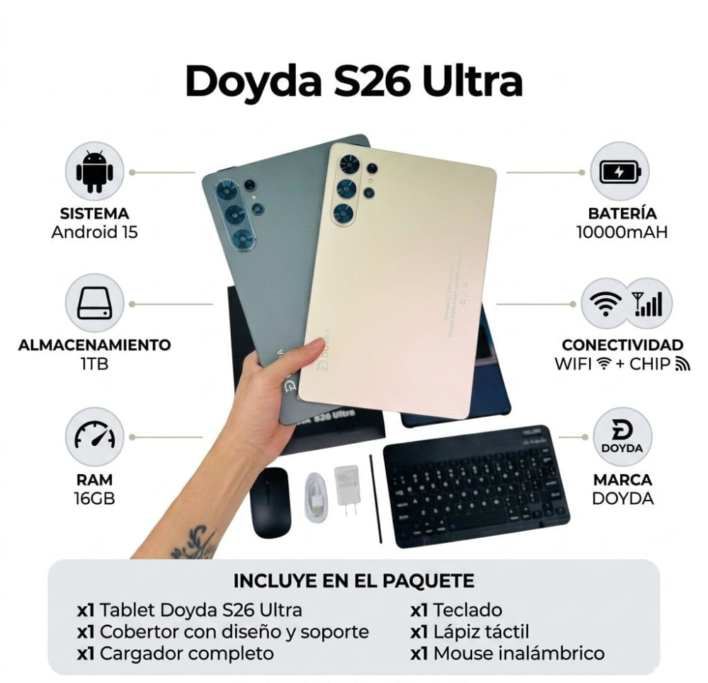 Tablet Doyda S26 Ultra - 1TB Almacenamiento 16GB RAM Android 15 - Kit de Productividad Completo - Gris