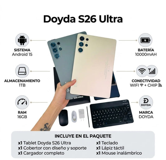Tablet Doyda S26 Ultra - 1TB Almacenamiento 16GB RAM Android 15 - Kit de Productividad Completo - Gris