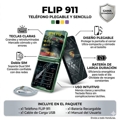 TELEFONO PLEGABLE FLIP 911 (ECONOMICO Y SENCILLO PARA ADULTOS MAYORES) - NEGRO